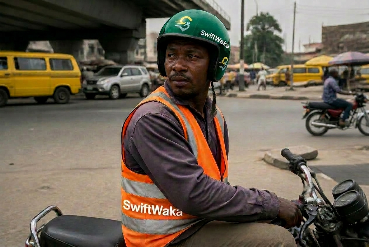 SwiftWaka dispatch rider delivering in Lagos at sunset